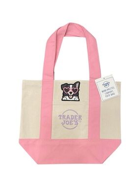Trader Joe's Mini Pastel Canvas Tote - Pink & Natural, One-Sided Cute Dog Design